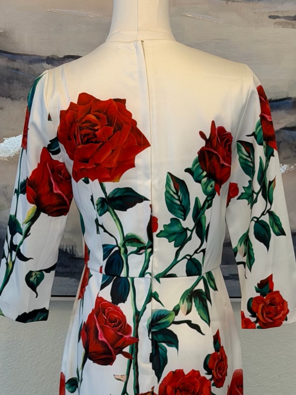 White Sheath Dress Red Rose Print Elegant Floral Midi - Designer Inspired - Picture 5 of 16